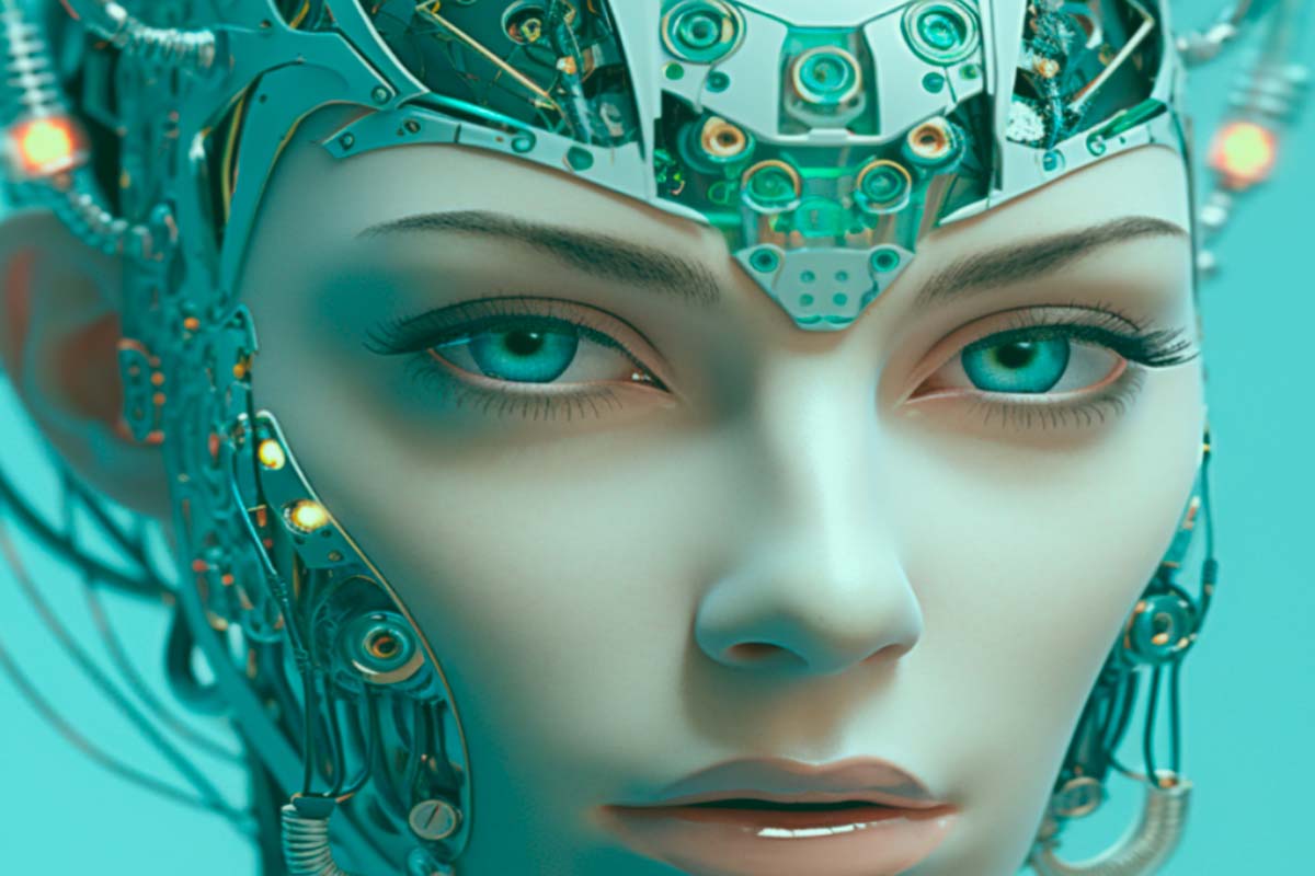 Imagen hecha por IA de una mujer cibernética. Tiene como objetivo graficar de forma artística lo que es Design Matters