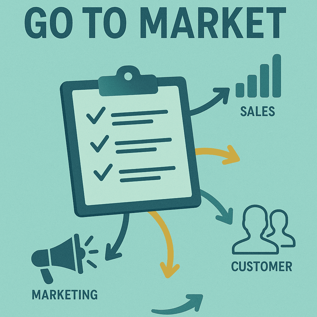 Dibujo de una pizarra que dice "go to market"