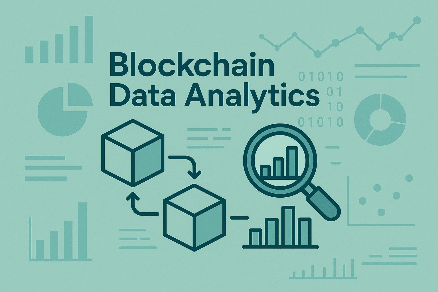 Dibujo que representa de manera abstracta el blockchain analytics con una lupa sobre un gráfico