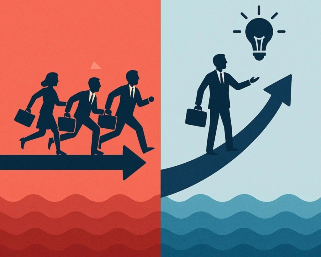 imagen de empresarios en un oceano rojo y un empresario solitario en un oceano azul